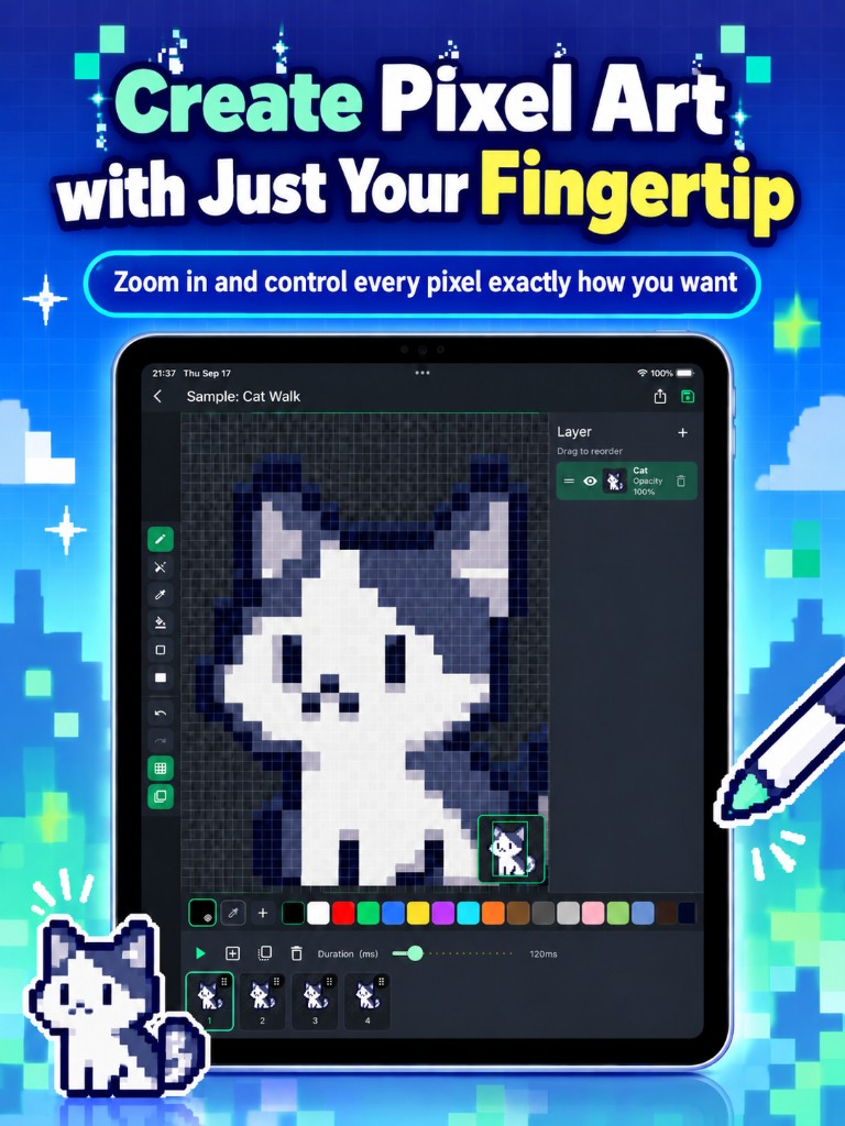 Create pixel art with precise fingertip controls