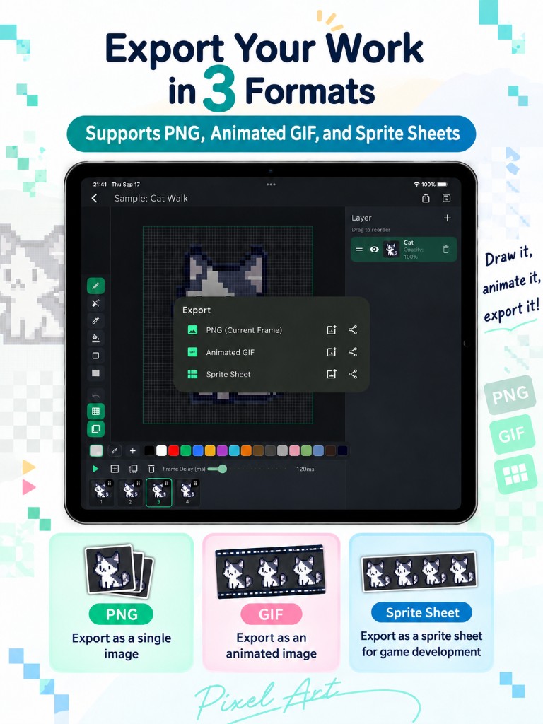 Export PNG, animated GIF, and sprite sheets